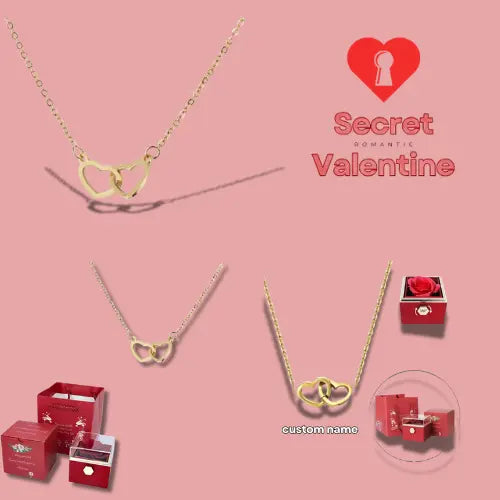 Collier Personnalisé avec Cœurs Entrelacés et Coffret Rotatif avec Rose Éternelle Secret Valentine