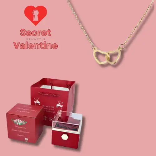 Collier Personnalisé avec Cœurs Entrelacés et Coffret Rotatif avec Rose Éternelle Secret Valentine